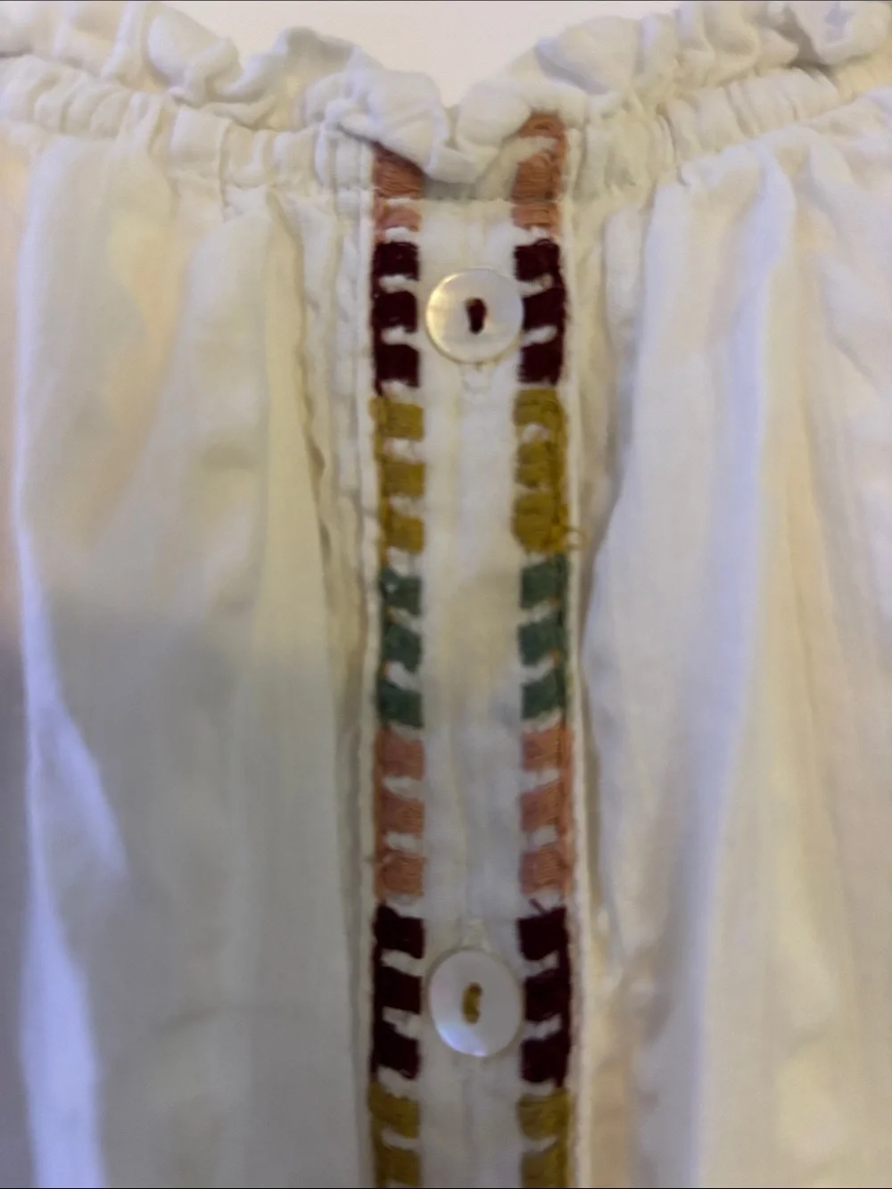 Anthropologie White Off-Shoulder Blouse with Multicolor Embroidery